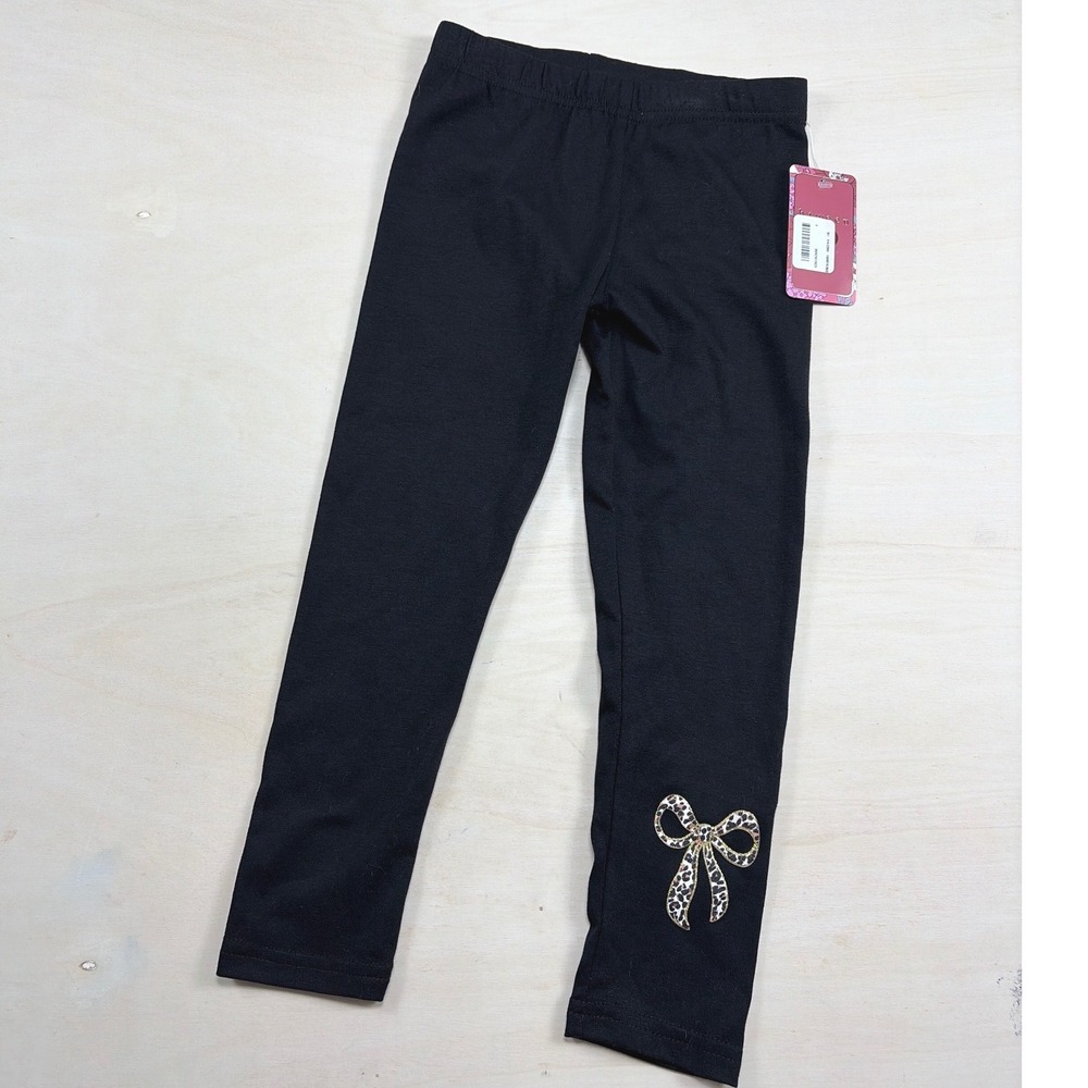 btween Girls Black Leggings Leopard Print Bow Accent Size 4 NWT